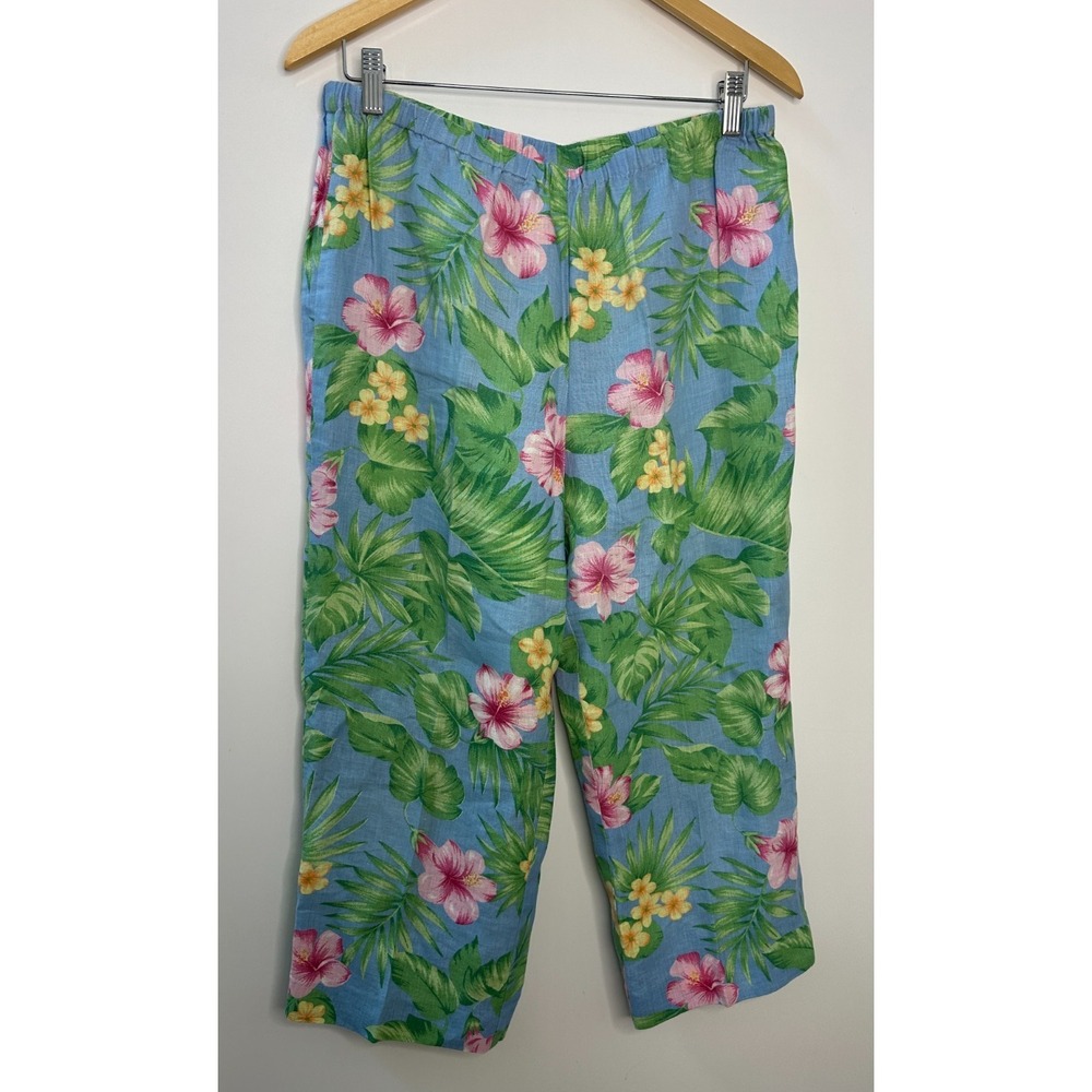 Shegos 100% Linen Pull On Crop Pants Tropical Hibiscus Floral Blue Pink Size 2 - Picture 10 of 10